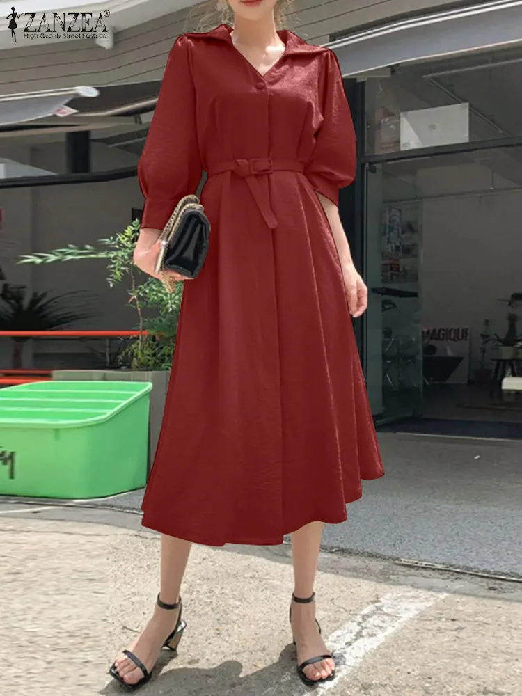 

ZANZEA Fashion Spring Solid Dress Elegant Women V Neck Long Sleeve Casual Belted Kaftan Vestido Robe OL Work Mid-calf Sundress