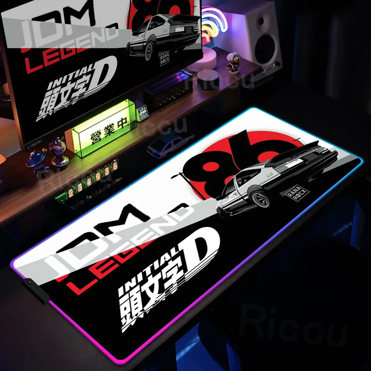 Large RGB Mousepad Anime Initial D Car AE86 Gaming LED Backlight Deskmat 30x80cm Black And White Art Mouse Pad Non-slip Keyboard
