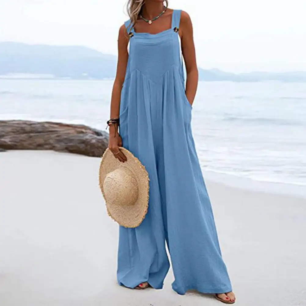 

Overalls for Women Summer Jumpsuit Outfits Plus Size Solid Color Casual Button Wide Leg Suspender Pants Overalls with Pockets