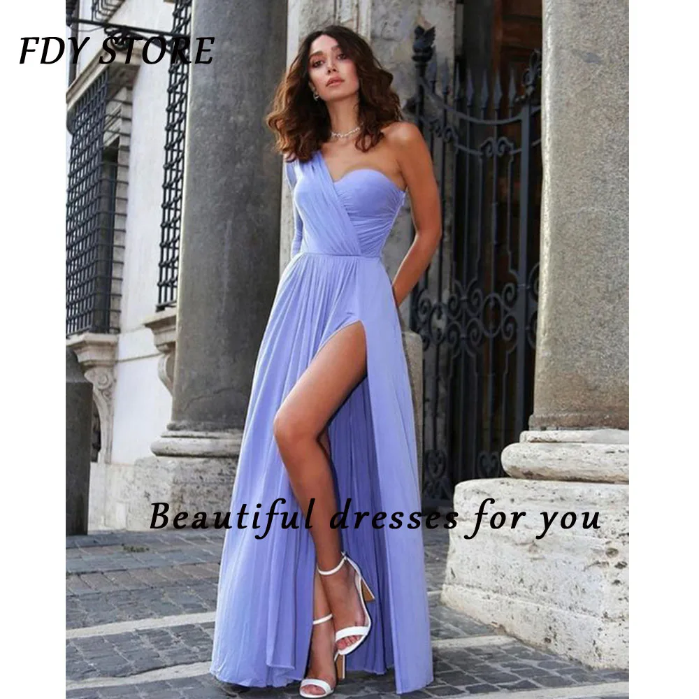 

FDY Store PromOne Shoulder Sweep Train A-line Ruffle Split Fork Cocktail Evening Dress Formal Occasion Party for Women