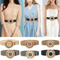 elegant wide belt designer round buckle dress belt for women casual braided wide strap woven elastic pp straw waist belts