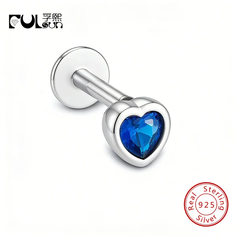 Фото Серьга-гвоздик из стерлингового серебра 925 пробы с позолотой 14K, в форме сердца, с синим фианитом, плоская, для пирсинга хряща №1