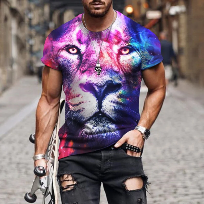 Spring Summer Hip Hop Style T Shirt For Men Cartoon Hard brush lion PatternCamisetasMen Clothing Casual Style ComfortableMateria