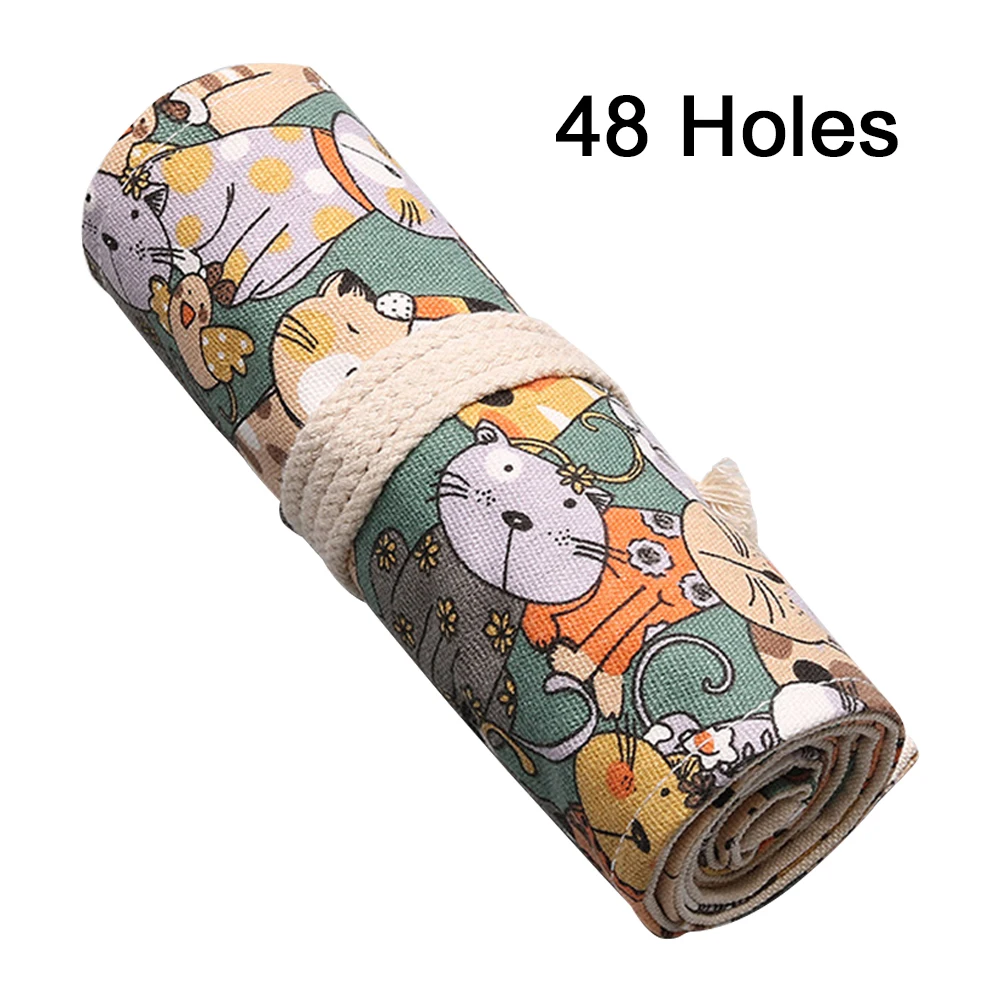 

Cute Canvas Portable Roll Up Colored Unisex Multi-Purpose Cartoon Cat Pencil Bag Students Gift Stationery Wrap Large Capacity