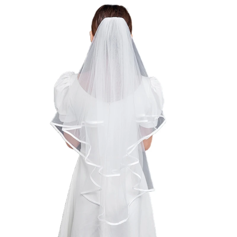 

X7YC Bridal Veil with Comb Exquisite Ribbon Edge Hair Accessories for Wedding Party 2 Tiers Short Length Sheer Tulle Veils