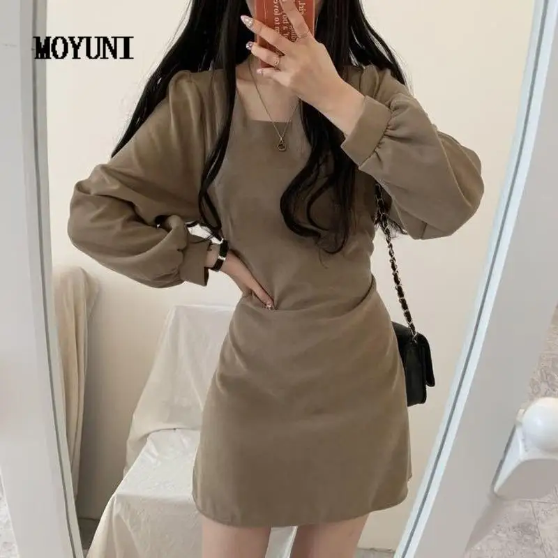 

Roupas Femininas Vestidos Mujer Casual Slim Waist Black Square Puff Sleeve Dress Women Mini Wild Retro Party Sexy Robe Femme