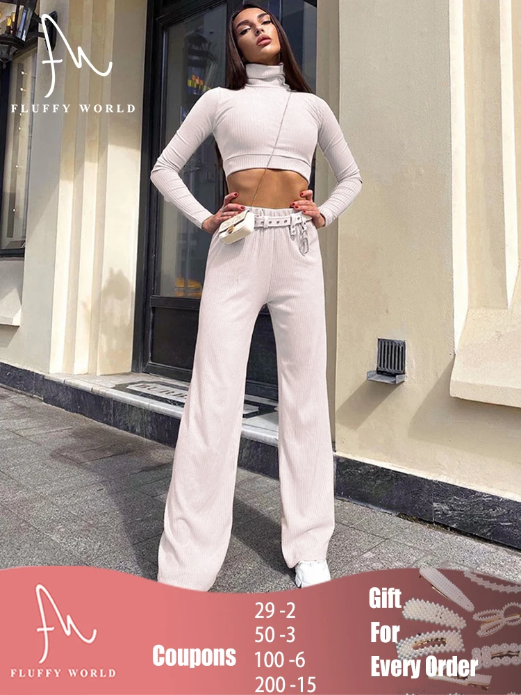 

Two Piece Sets Women Solid Autumn Wide Leg Pant Set and Turtleneck Crop Top Casual Elegant Classic Matching Outfits Female 2022