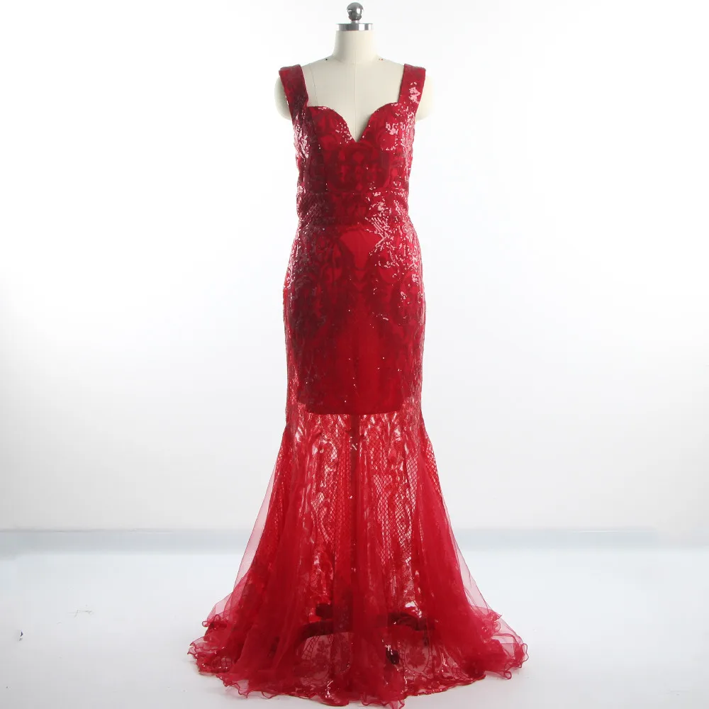 

Evening Dresses Burgundy Sequins Sleeveless Sweetheart Collar Tulle Mermaid Floor Length Zipper Back Women Party Dress LF095