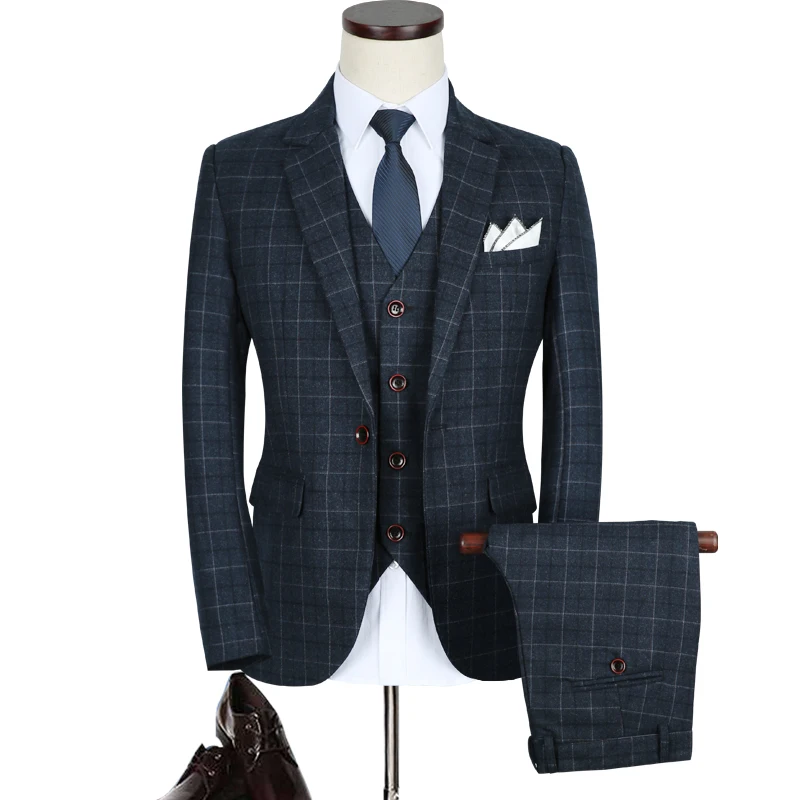 (Jackets +Pants+Vest) Luxury Men Plaid Slim Fit Suit Men 2022 Business Wedding Suits Party Tuxedo Mens Social Formal Clothing