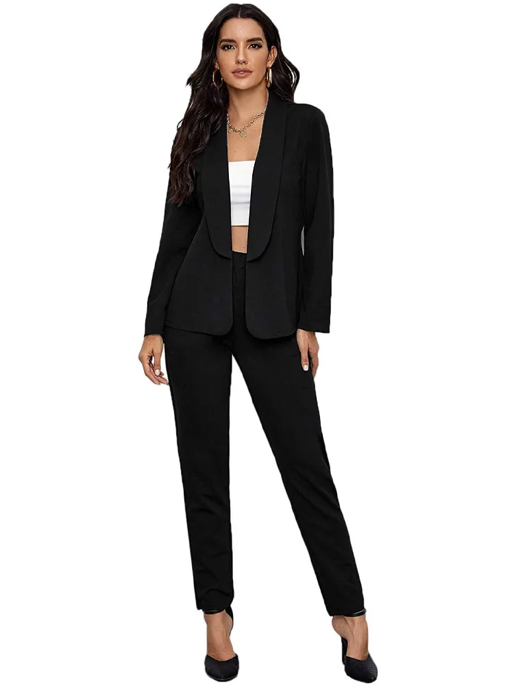Women's Long Sleeve Blazer High Waist Wide Leg Pants OL Activewear 2 Piece Fitness Suit