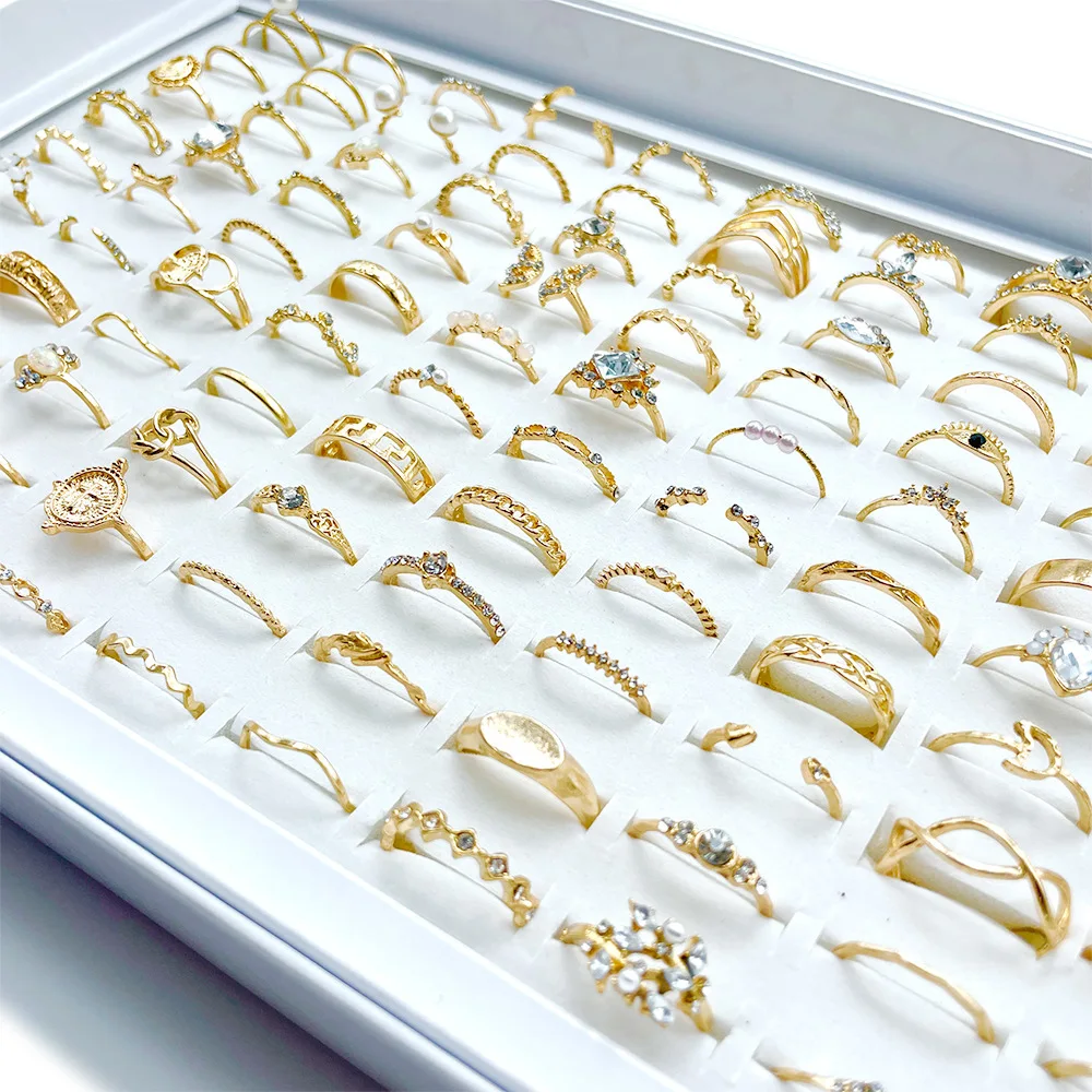 

100pcs/lot Mixed Vintage Bohemian Crystal Geometric Butterfly Gold Color Rings for Women Party Fashion Jewelry Gift Wholesale