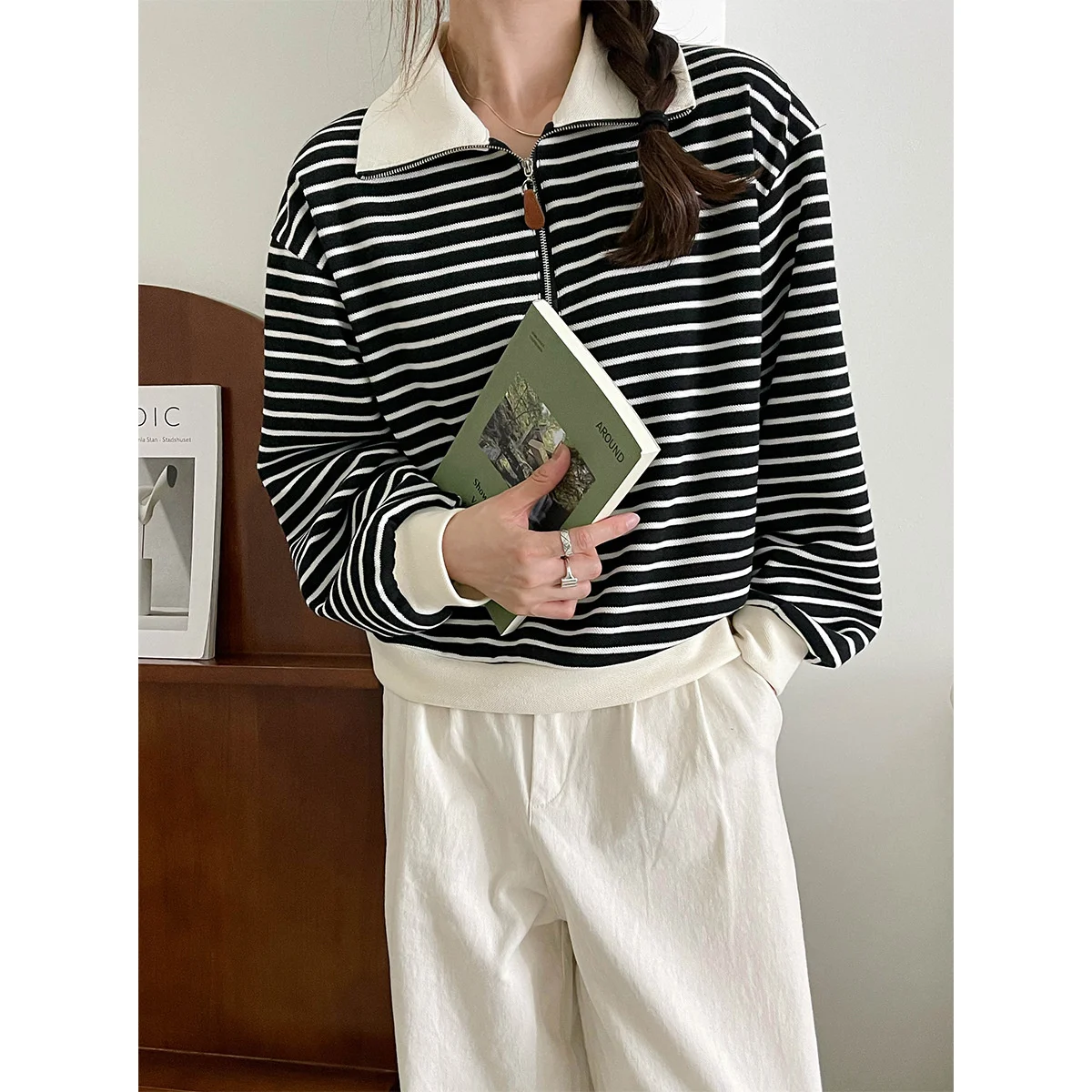 Женская толстовка-поло в полоску с длинным рукавом на молнии |