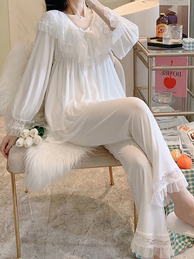 Women Female Fairy Ruffles Modal Lace Victorian Pajamas Loungewear Two Piece Suits Lolita Vintage Princess Nightgowns Sleepwear