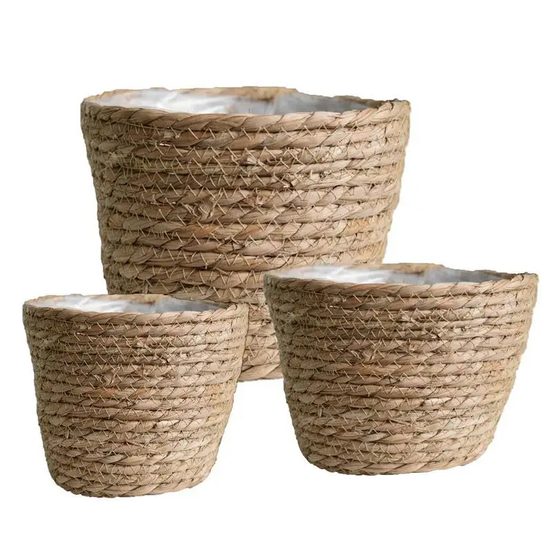 3 PCS Handmade Woven Storage Basket Clothes Laundry Basket Straw Wicker Rattan Seagrass Garden Flower Pot Plant Basket