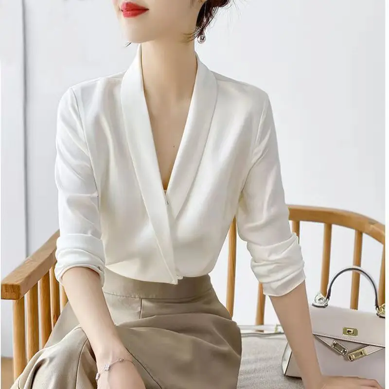 

Women's Tunic V Neck Solid Color Elegant Blouses Spring Autumn Office Lady Silk Satin Solid Black White Long Sleeve Shirt Wo