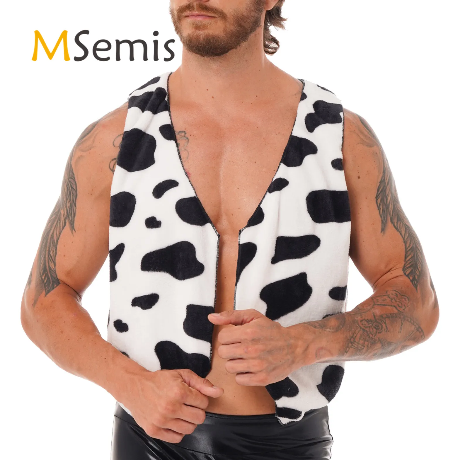 Mens Tank Top Fancy Dress Ball Cosplay Roleplay Costume Open Front V Neck Sleeveless Vest Cow Printed Flannel Waistcoat Tops