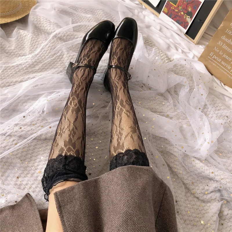 

Women Lolita Thigh High Socks Rose Lace Japanese Striped Long Socks JK Y2K Patterned Girl Sexy Stockings Ruffled Frilly Kawaii