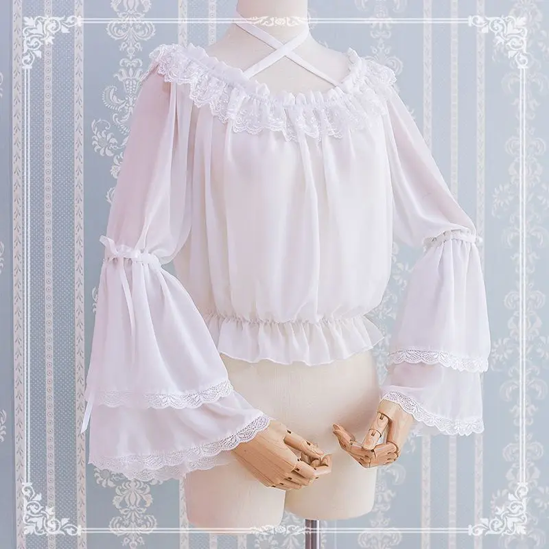 

Women Lolita Chiffon Blouse Crop Top Flare Lace Long Sleeves Halter Neck Undershirt Pleated Frilly Ruffled Off Shoulder Shirt