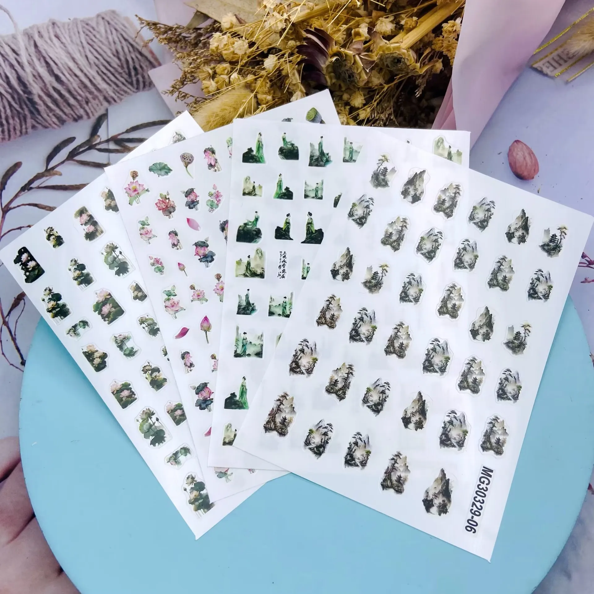 

Новые чернила, пейзаж, живопись, цветочный узор лотоса, наклейка для ногтей, самоклеящаяся переводная наклейка, 3D слайдер, самодельные наклейки, украшение