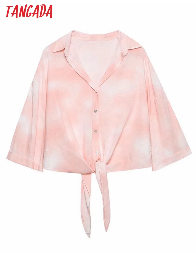 

Tangada Women Vintage Tie Dyed Print Bow Crop Shirt Long Sleeve 2022 Chic Female High Street Shirt 6H87
