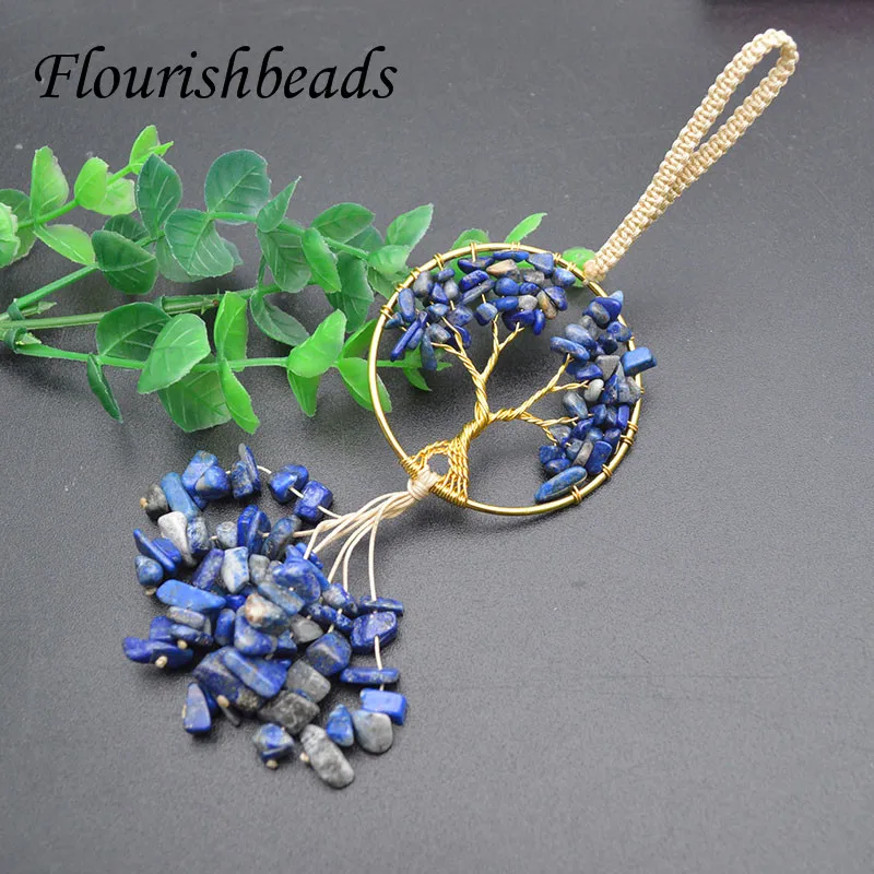 5pcs/lot Crystal GemStone Tree of Life Chakra Keychain Pendant Hanging Copper Wire Wrap Round Key Ring Holder