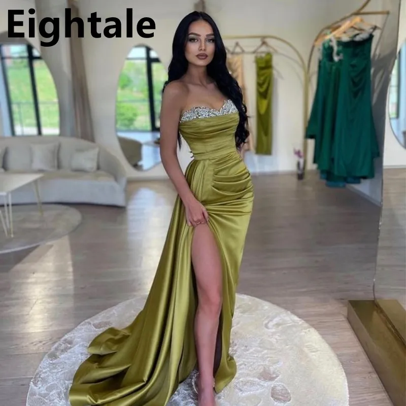 

2023 Eightale Olive Green Mermaid Satin Prom Dress Sexy Evening Party Dress Pleats Strapless Formal Prom Gown Robes De Soirée