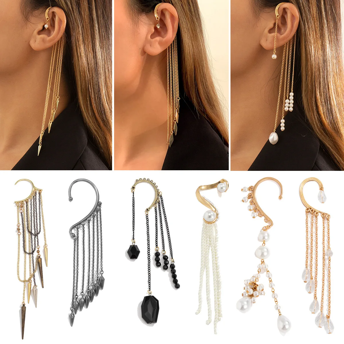 

Punk Long Tassel Clip Earring Without Piercing for Women Sparkling Pearl Bead Ear Cuff Charm Hollow Earrings Clip Jewelry Gifts