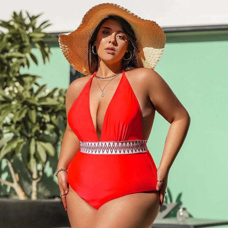 

2022 Newest Women One Piece Swimming Suit Plus Size Backless Monokini Deep V Sexy Swimwear Padded Big Chest Bikinis High Waisted