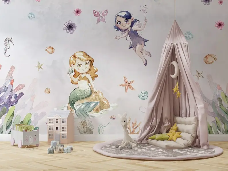 

Mermaid and Fairy Kids Wallpaper, Mermaid Wallpaper for girl, Child Room Underwater Wallpaper, Hand painted, Sea Creatures Nurse