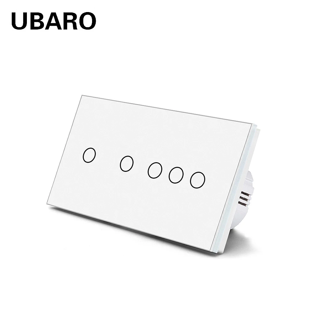 

UBARO EU 5 Gang Touch Light Switch Electrical Interruptor With 146mm White Tempered Crystal Glass Panel 100-240V Home Appliance