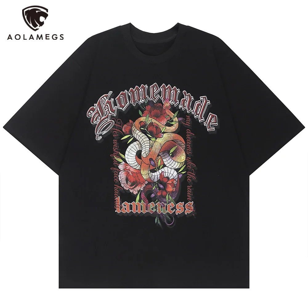 

Aolamegs Мужская футболка большого размера с буквенным принтом змеи и цветов, летняя футболка в стиле хип-хоп, Повседневная модная уличная одеж...