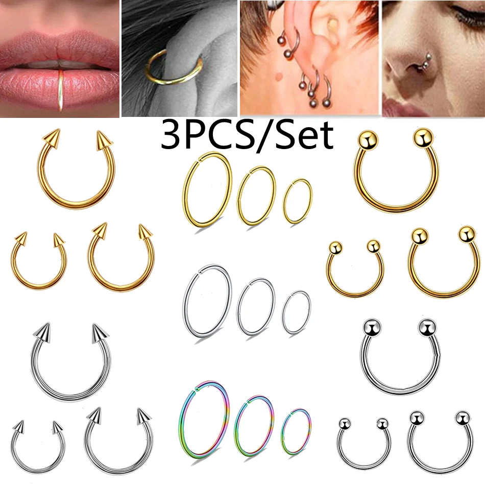 

3pcs Titanium&Steel Nose Hoop Ring 16G 20G Septum Horseshoe Ring Lip Studs Cartilage Earrings Tragus Ear Piercing Body Jewelry