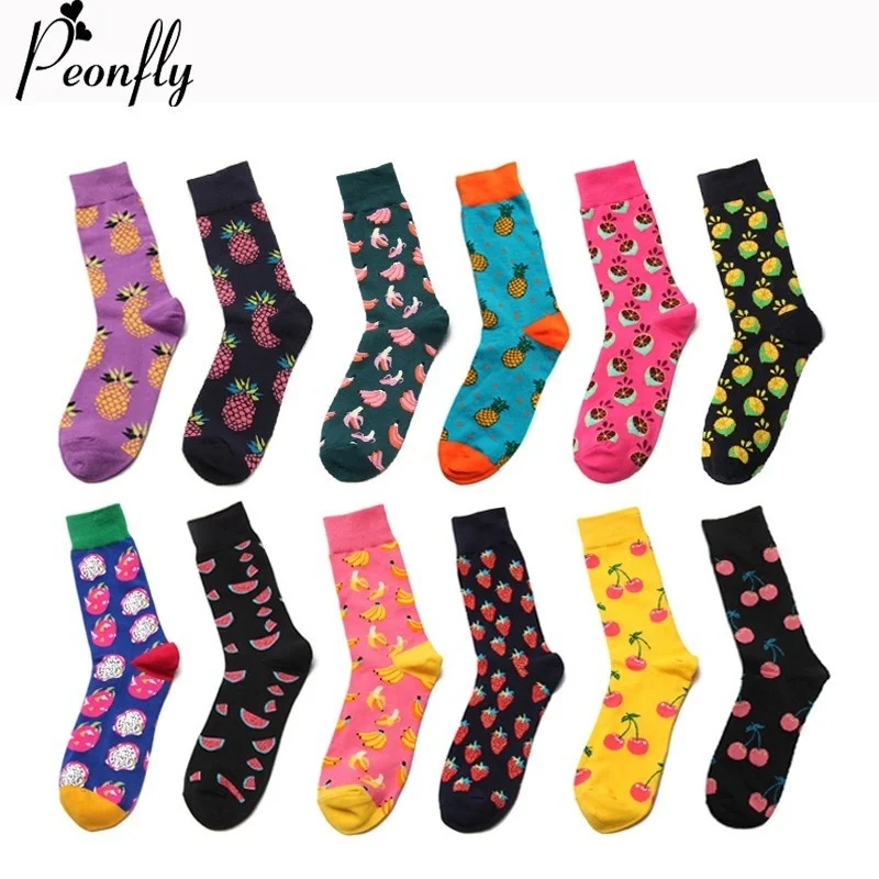 

Peonfly Winter Autumn Casual Cotton Men Dress Fashion Colorful Banana Lemon Pineapple Cherry Funny Fruit Happy Long Socks