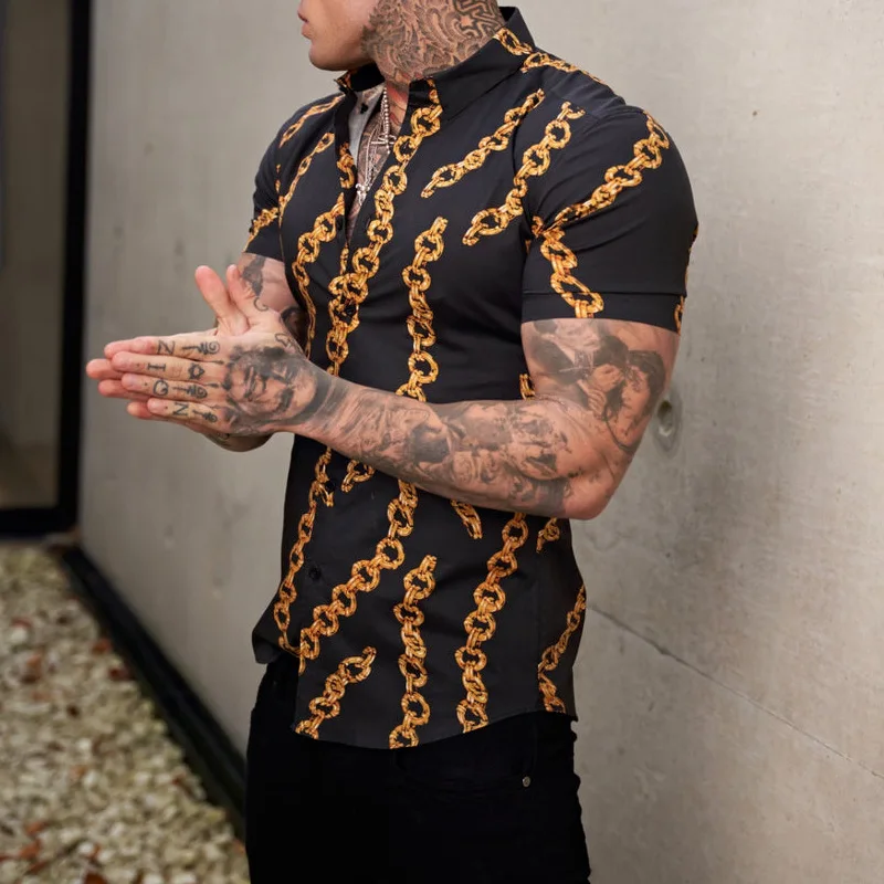 Fashion Social Men Shirts Turn-down Collar Buttoned Shirt Casual Printing Short sleev Tops New Men Clothing Club Prom Cardigan