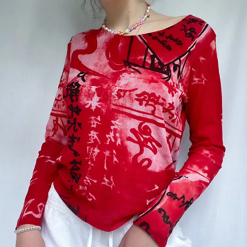 

Женская футболка с принтом китайских иероглифов, укороченный пуловер с длинным рукавом, Индивидуальные топы