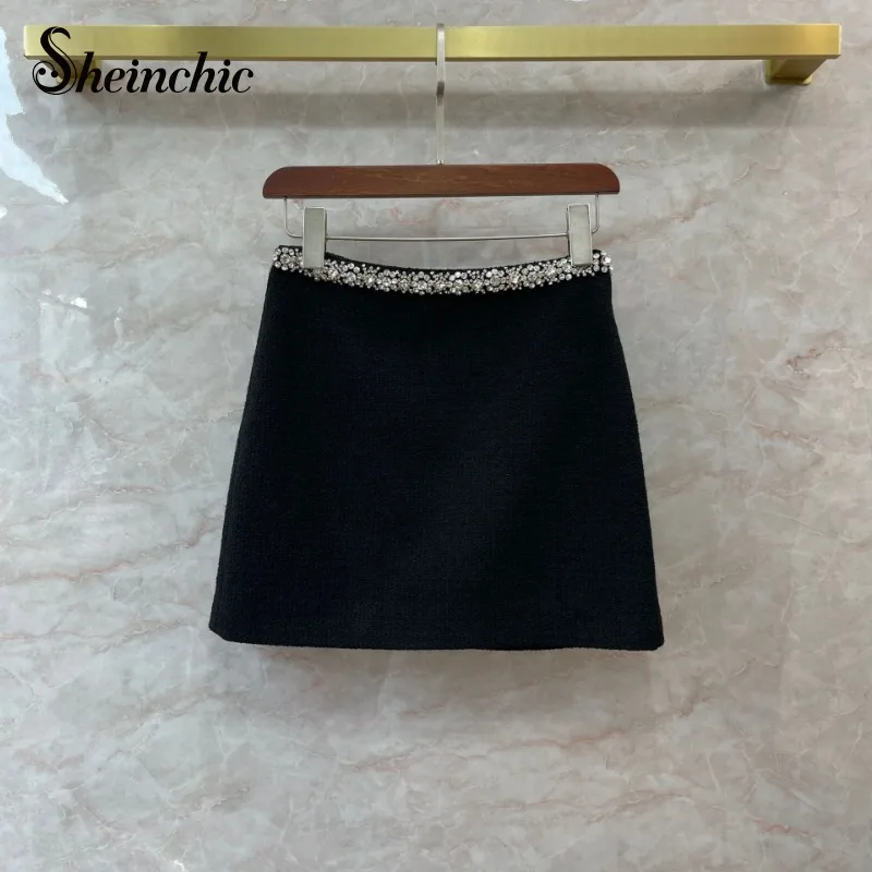 

Handmade Beading Faldas Para Mujeres Autumn Winter High Waist Mini Skirt for Women 2023 Black Woolen Saias Femininas