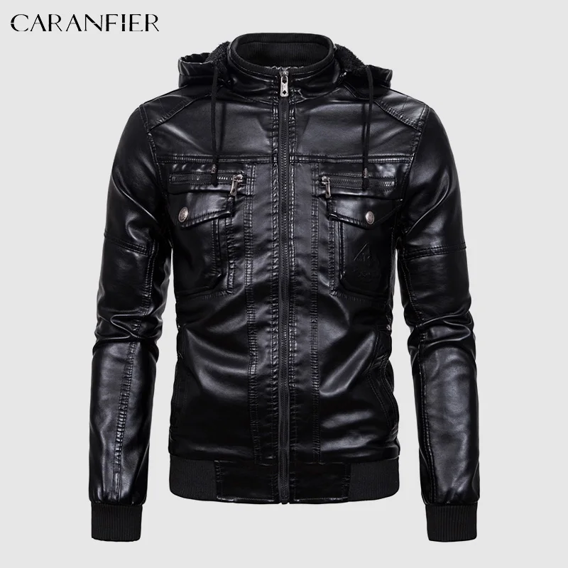

CARANFIER Men's PU Leather Jacket Male Locomotive Fleece Winter Coats Faux Fur Lined Biker Detachable Hoodies Thick Outerwear