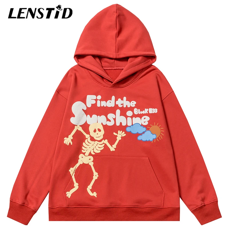

LENSTID Autumn Men Front Pocket Pullover Hoodie Hiphop Skeleton Letter Print Streetwear Harajuku Casual Cotton Hooded Sweatshirt