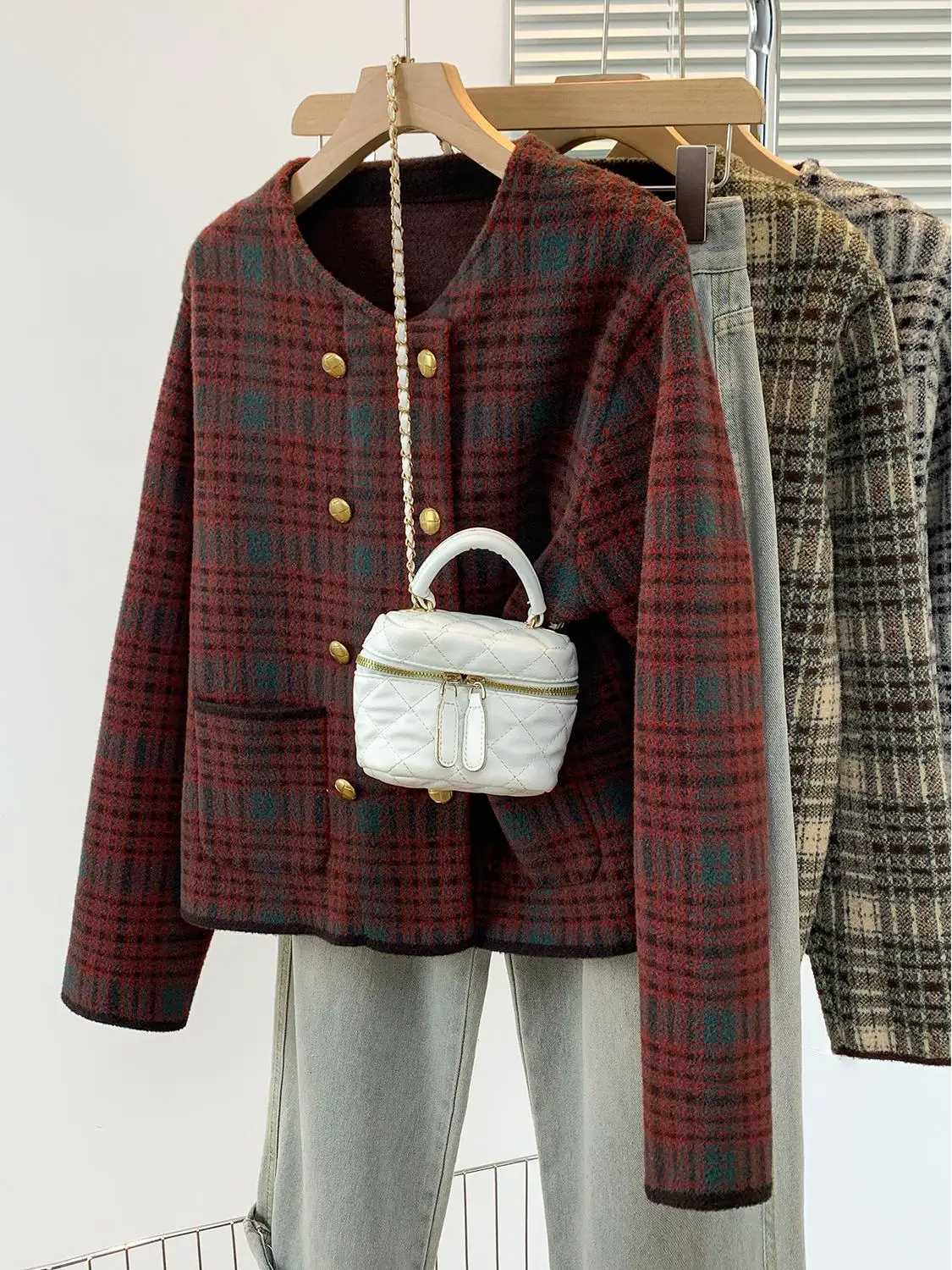 Ankela красная изящная клетчатая шерстяная куртка женская осень и зима больших