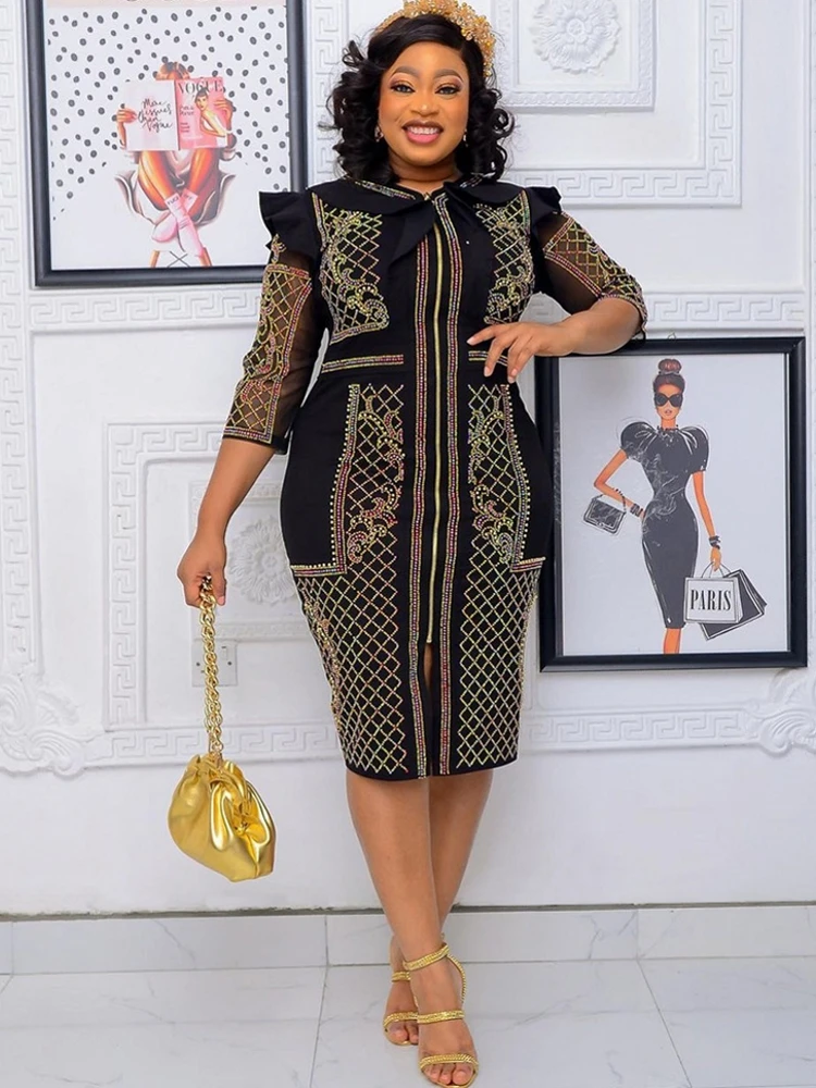 

African Dresses For Women 2022 Summer Autumn Stripe Diamonds Africa Clothing Muslim Midi Dress High Quality Fashion For Lady