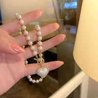 korean elegant pearl beads necklace for women ladies fashion rhinestone shell heart pendent necklace clavicle choker jewelry