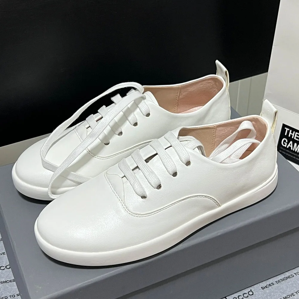 White Women Flats 2023 Spring Summer Genuine Leather Real Skin Flats White Black Pink Comfy Brand Design Leisure Shoes