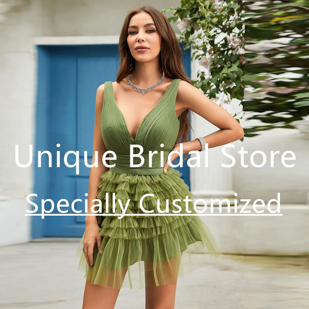 

Olive Green Mini Homecoming Dress Sleeveless V-Neck Ruffles Tiered Tulle Party Dresses For Teens Backless Zipper Cocktail Gown