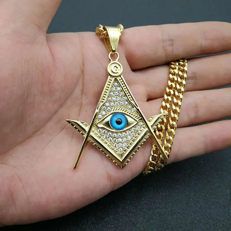 

Titanium Steel Delicate Hip Hop Masonic Blue Eye Pendant Necklace Gold Color Cuban Chain for Men Charm Party Punk Jewelry Gift