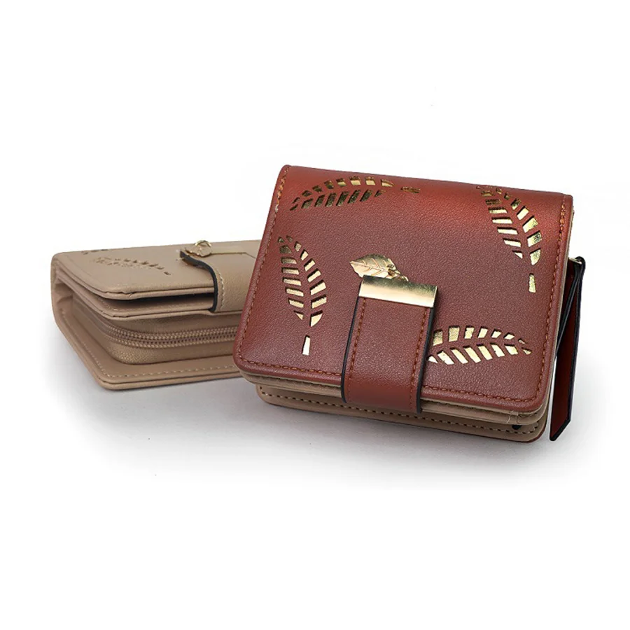 

Короткий кошелек из искусственной кожи для женщин и мужчин, кошельки для мелочи, маленький держатель для карт и удостоверения личности, ажурный бумажник с листом, карман для мужчин и женщин