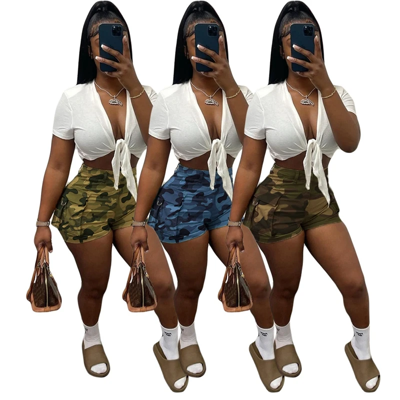 Camouflage Printed High Waist Pockets Shorts Women Casual Sexy Cargo Shorts Short Pants Street Trousers 2023 Women Shorts