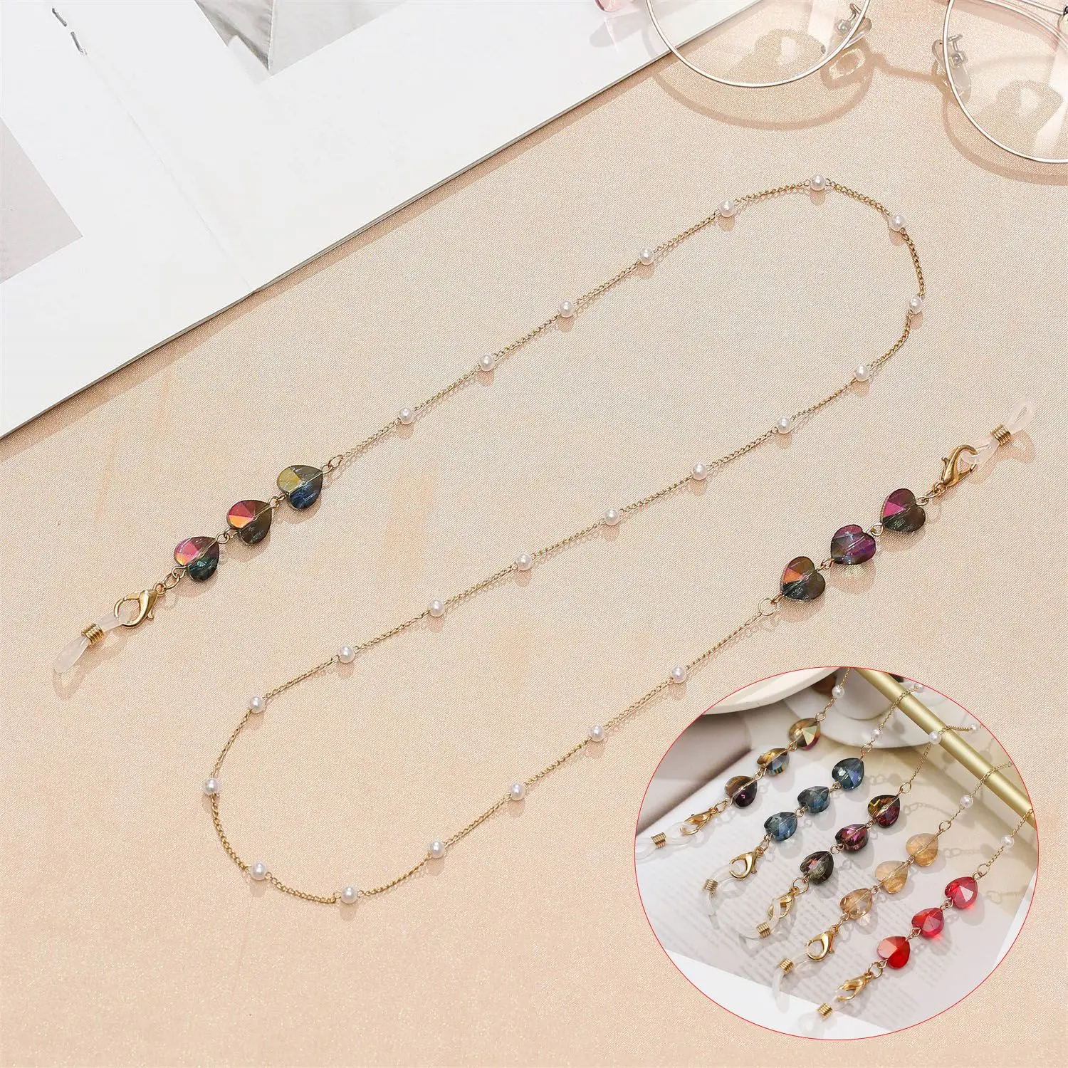 

Strap Anti-lost Metal Necklace Sunglasses Holder Crystal Heart Beaded Chain Glasses Chain Face Cover Lanyards