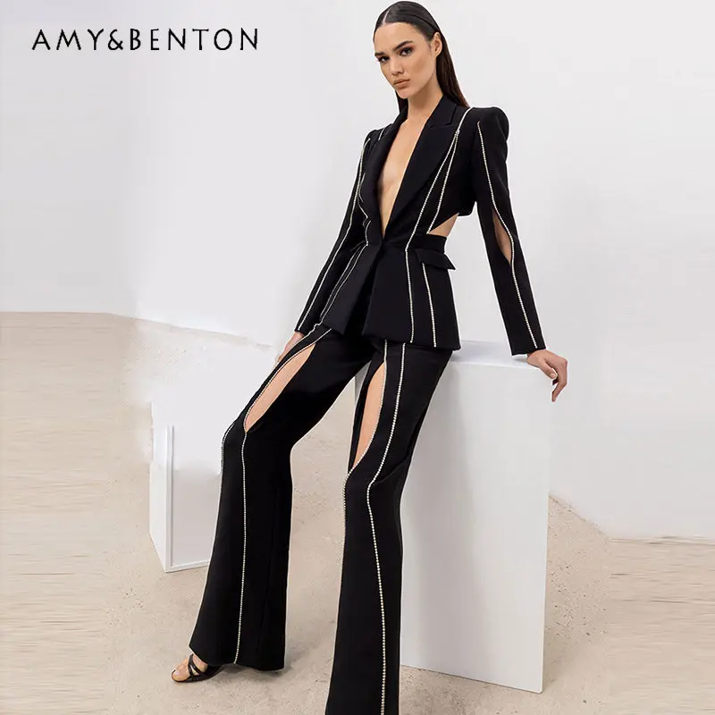 

2023 Spring Autumn Fashion New Style Socialite Dignified Hollow Rhinestone Suit Jacket + Trousers Outfits Two-Piece Set