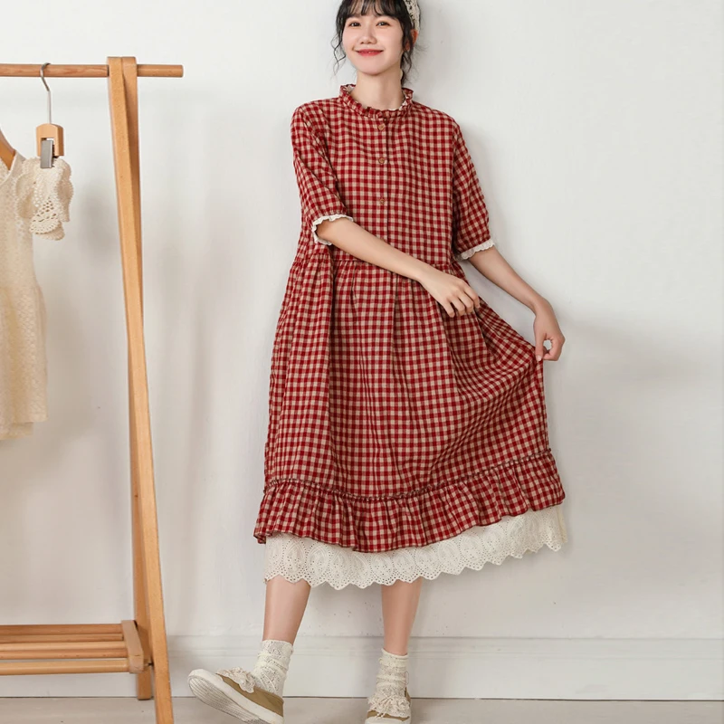 

Johnature Summer New Harajuku Style Cotton Linen Dress 2023 Mori Loose Short Sleeve Plaid Ruffles Collar Loose Women Dresses