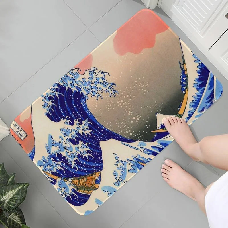 

Kitchen Living Room Carpet Flannel Washable Rug Floor Hallway Mats Art Wave Sea Kanagawa Mat bedside Bath Mats Prayer Rug